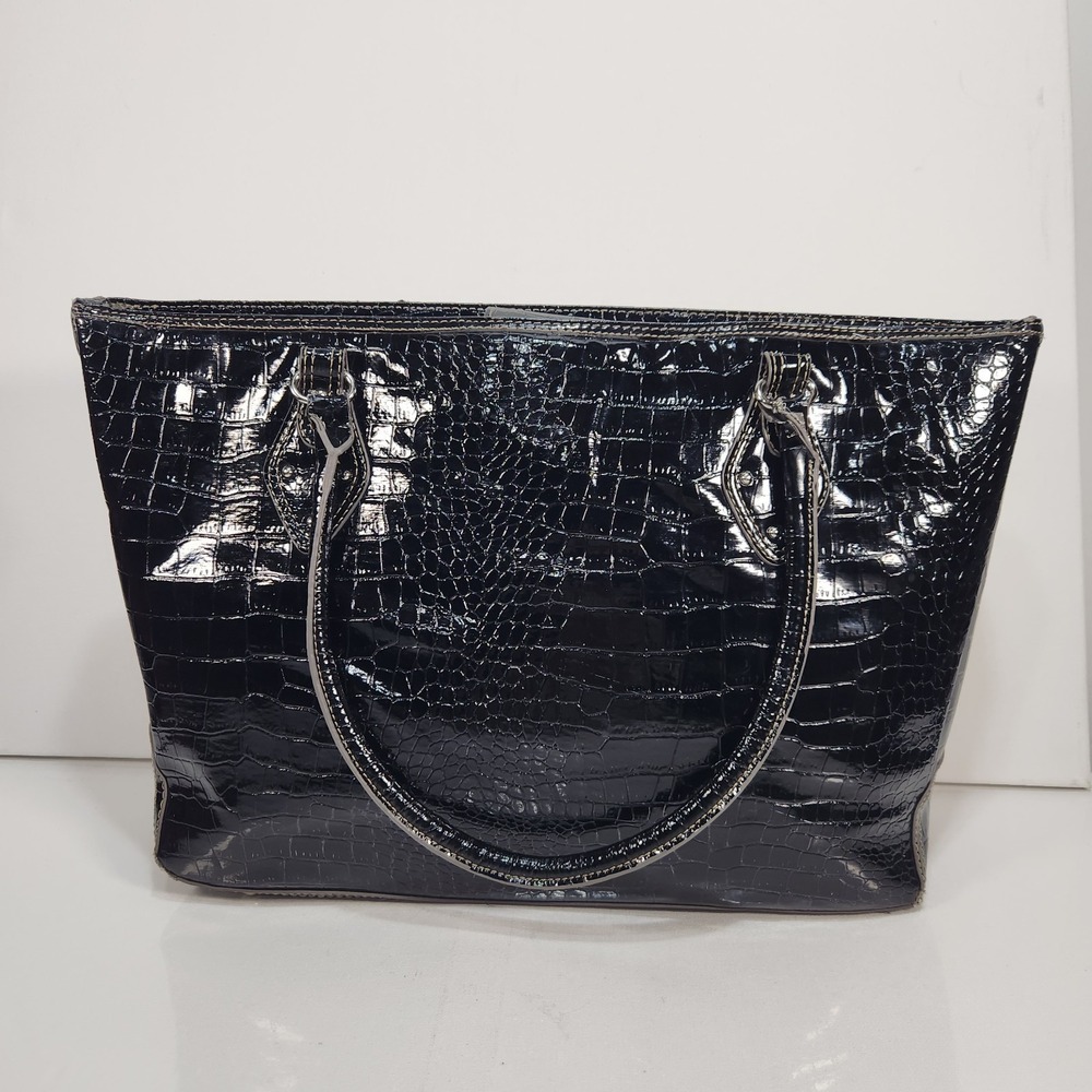 Unbranded Large Tote Handbag Black Patent Faux Leather Croc